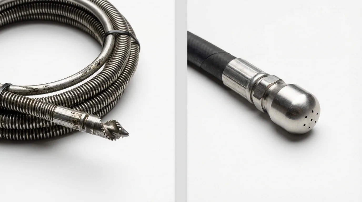 Drain snake cable and hydro jetting nozzle used for drain cleaning in Dayton, NV