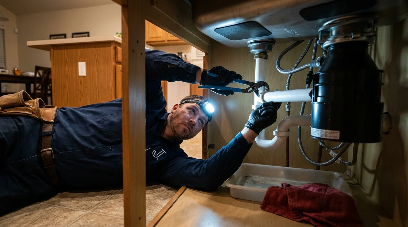 P-trap and supply line connections under a kitchen sink showing a common leak point in Dayton, NV